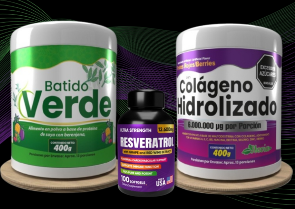 COMBO COLÁGENO HIDROLIZADO+BATIDO NUTRITIVO+RESVERATROL–BELLEZA, ENERGÍA Y BIENESTAR